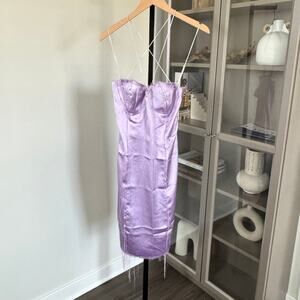 Danielle Guizio Satin Lavender Strappy Slip Dress L Purple Frayed Bustier Midi
